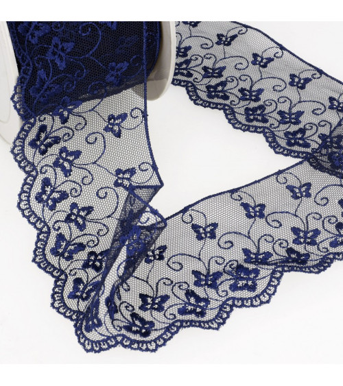 Bobbin embroidery tulle butterflies 14.6m navy blue 65mm