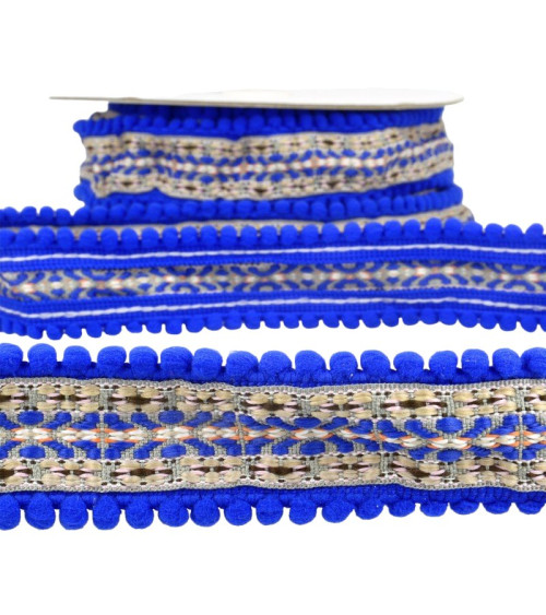 10m reel of royal blue jacquard pompom braid 37mm