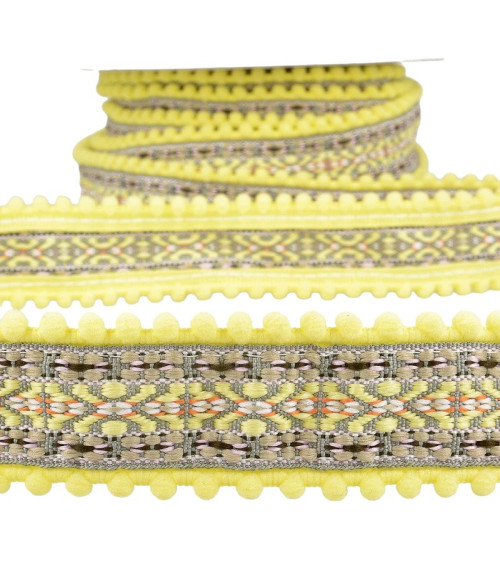 10m reel of straw yellow jacquard pompom braid 37mm