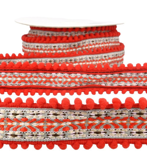 Bobina 10m Trenza Jacquard con pompones Rojo 37mm