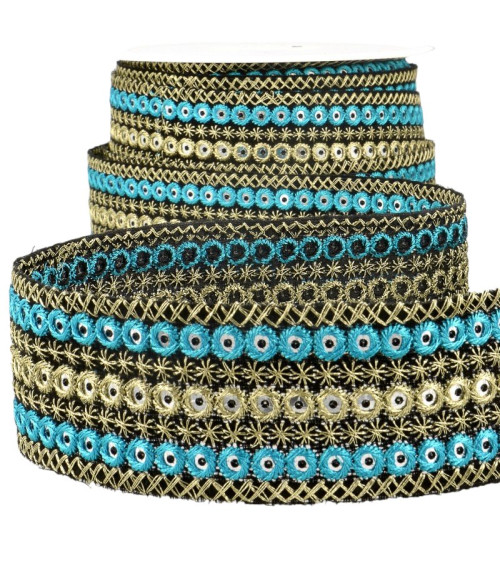 10m spool of embroidered round braid Turquoise/gold 38mm