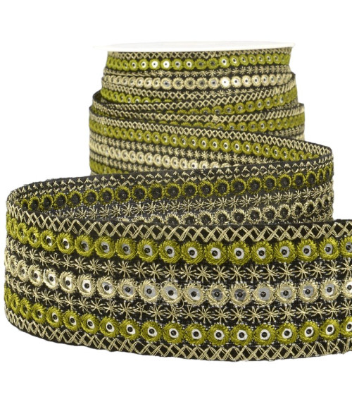 10 m Spule, besticktes Rundgeflecht, Khaki/Gold, 38 mm