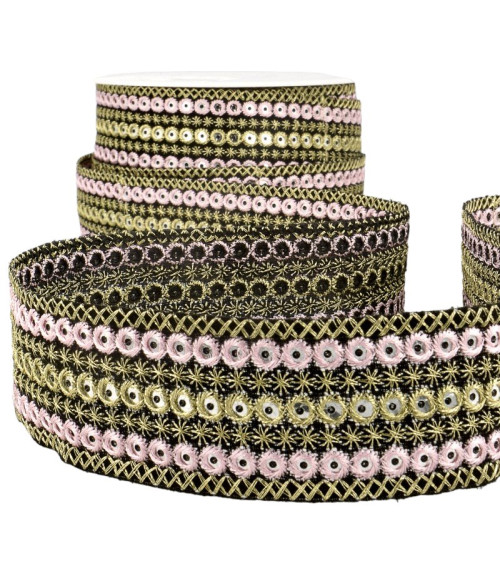 10m spool of embroidered round braid, pink/gold, 38mm