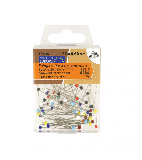 Glass head pins 70 pieces multicolor 6mm