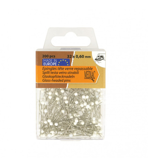 Glass head pins 200 pieces white 6mm