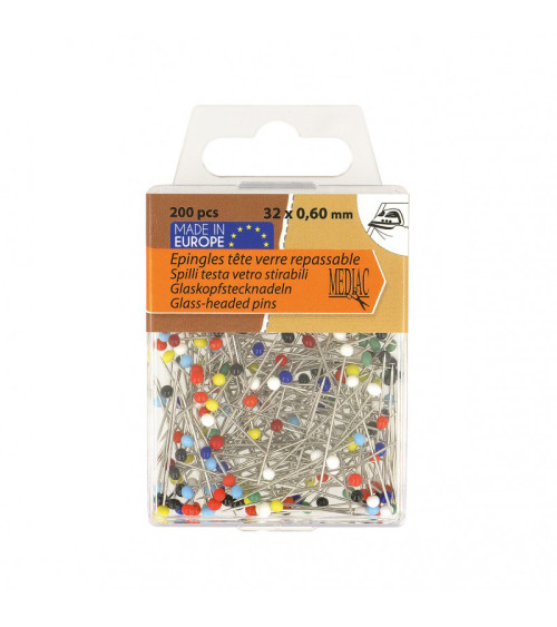 Glass head pins 200 pieces multicolor 6mm