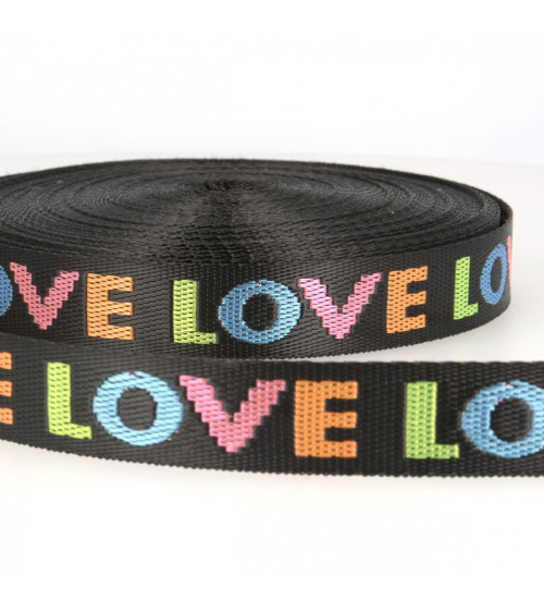 Folie 21,5m gewebtes Gurtband „Love“ 25mm Schwarz/Mehrfarbig