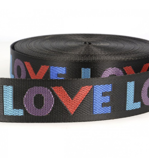 Film 21.5m woven strap "Love" 38mm Black / multicolo