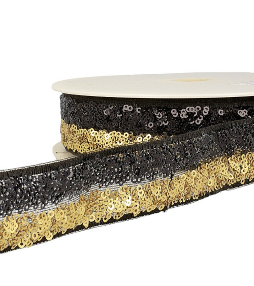 Bobina da 13m Treccia di paillettes bicolore 32mm Oro/nero