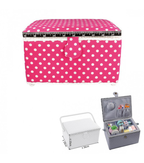 Rectangular sewing box 26x18.5x16cm fuchsia with polka dots