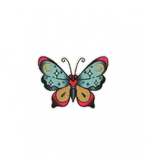 Blue pink butterfly iron-on badge 6x4cm